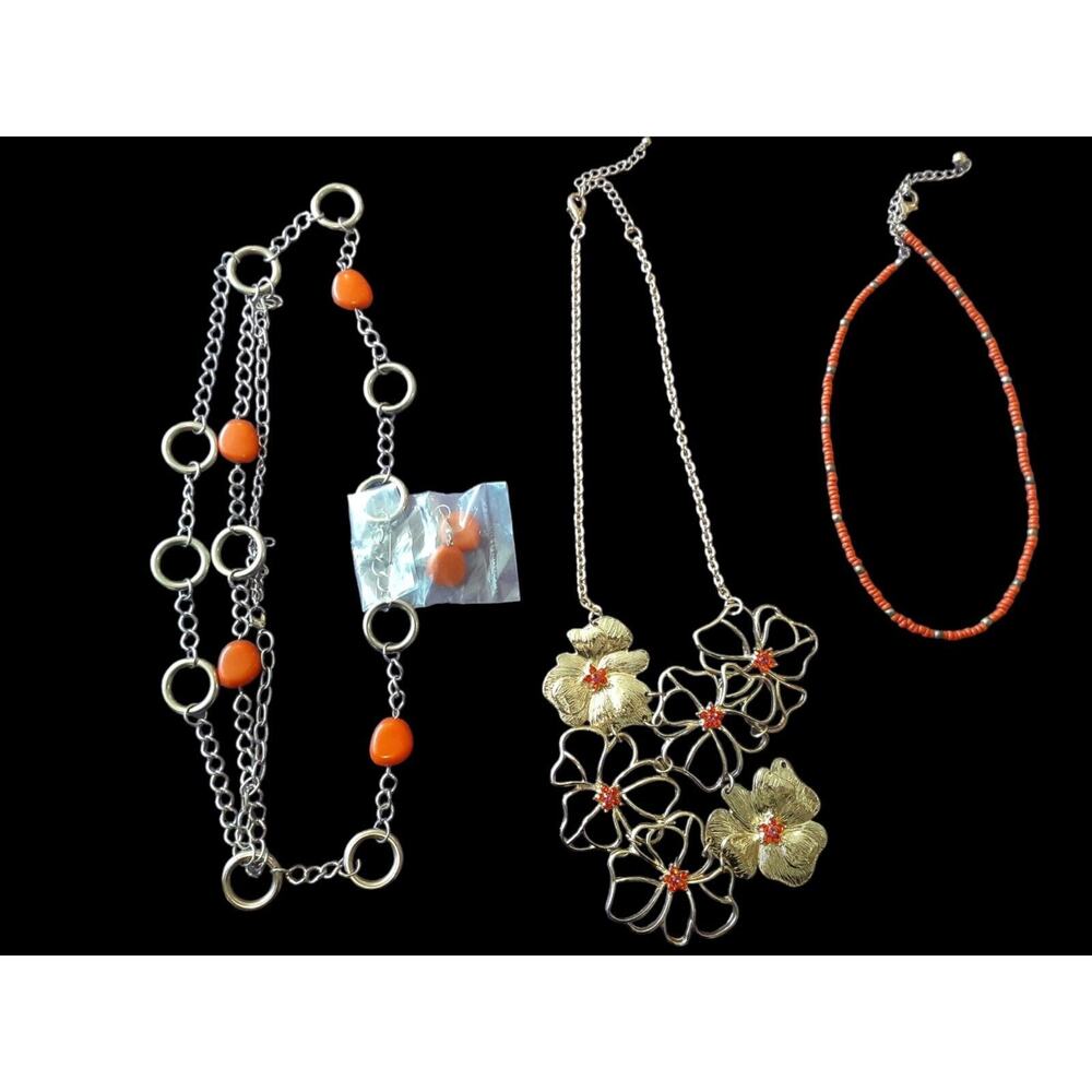 Lot Of 3 Necklaces and 1 Pair Earrings Orange Beads Gold Toned Adjustable Floral
